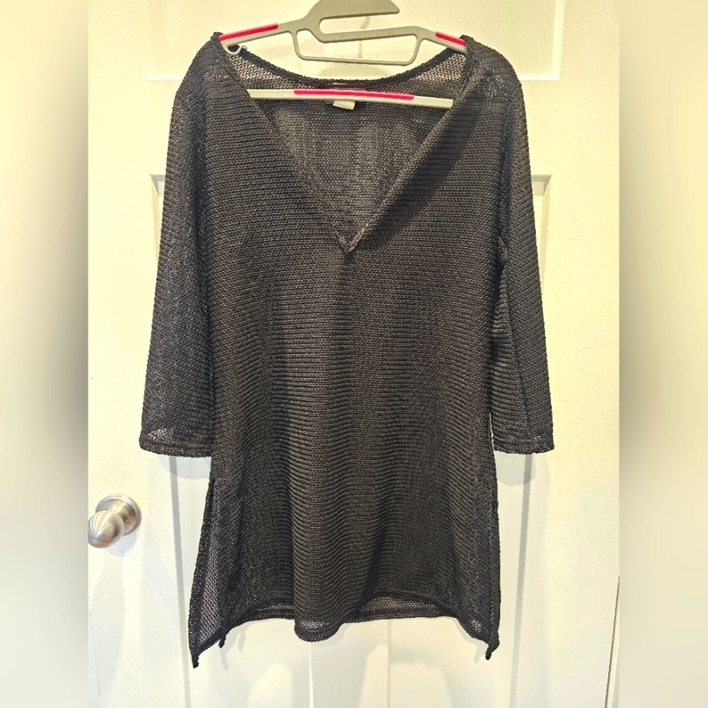 Jordan Taylor Black Mesh V-Neck Swim Cover-Up Tunic PM Petite Medium USA Made